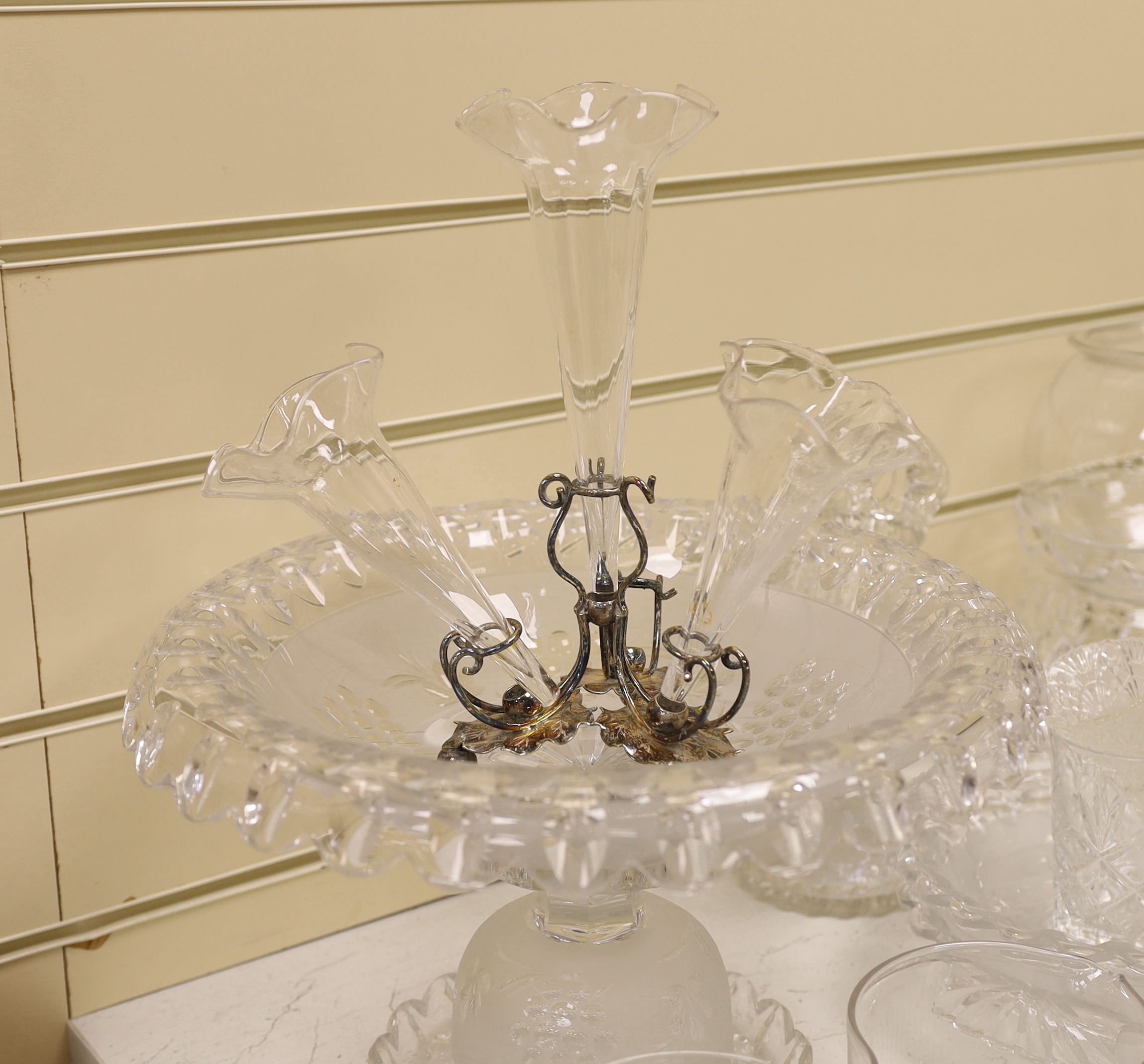 Glassware including cut glass service, 2 comports and a dish, finger bowls, an epergne etc, largest 35cm in diameter